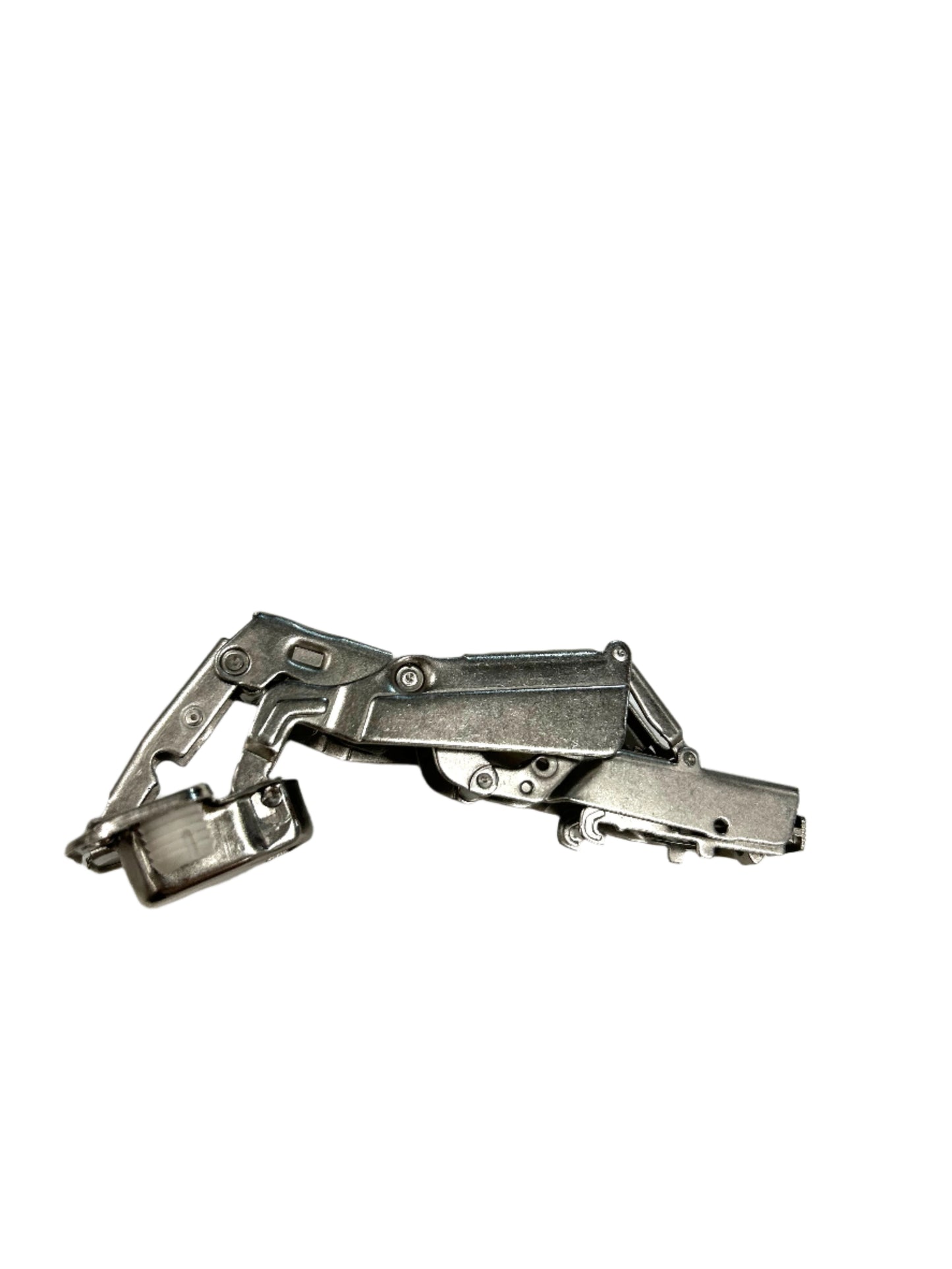 A 165-degree hinge made of silver metal, designed for use in kitchen cabinets.
