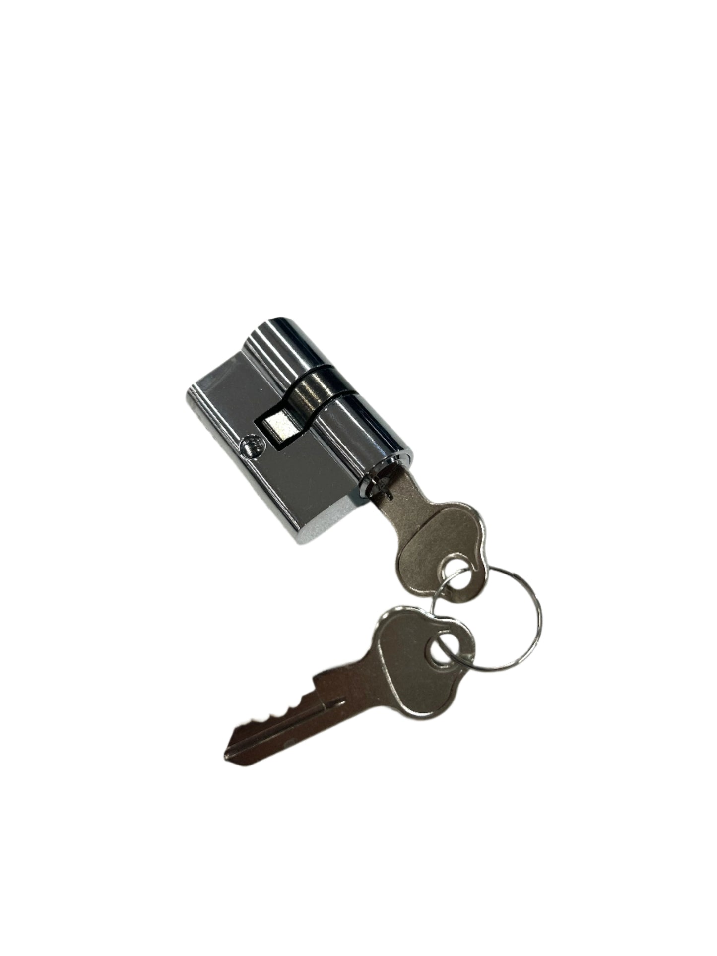 A silver screen door lock cylinder with two keys inserted into it, placed on a white surface.