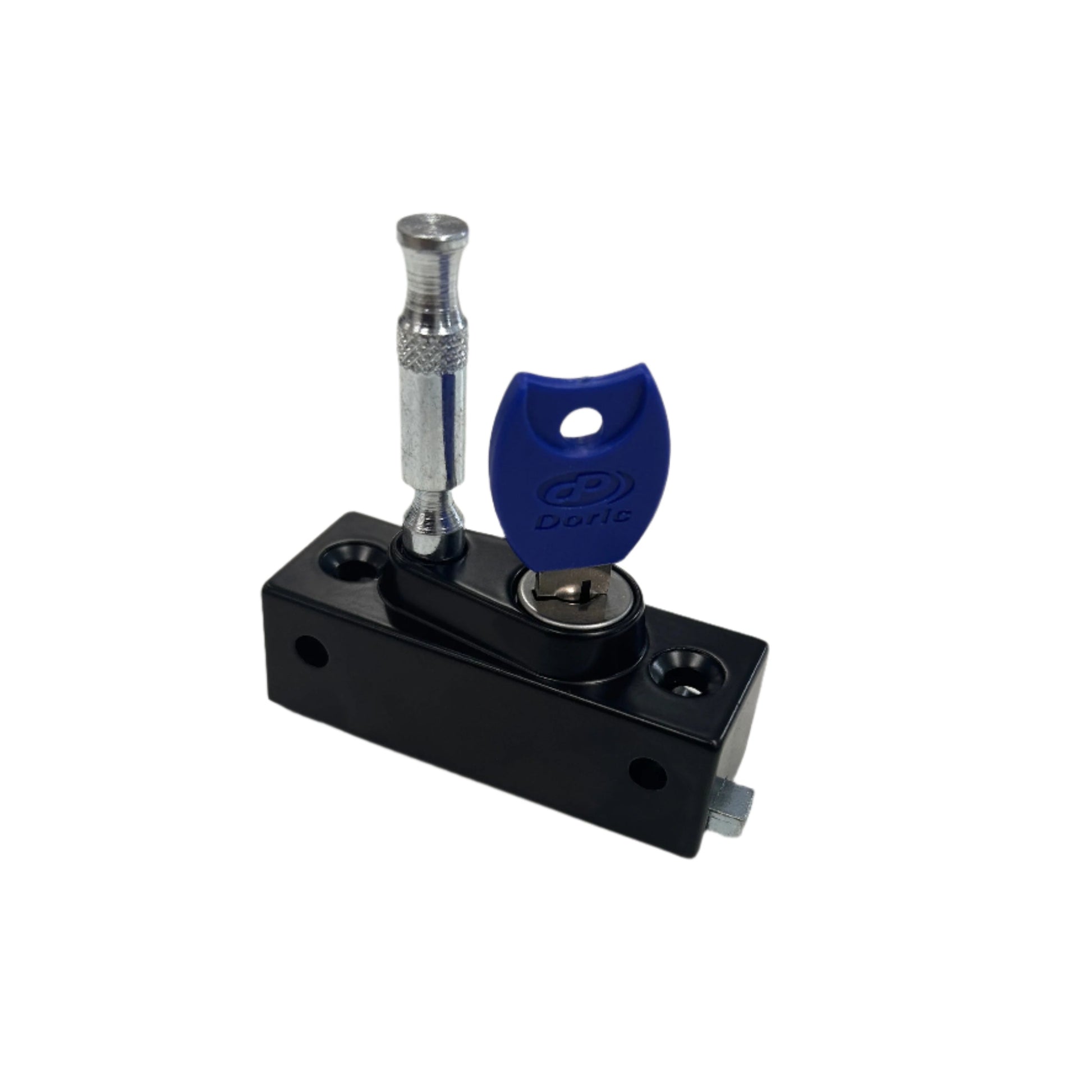 A black aluminium window lock with a key, designed for securing sliding or casement windows.