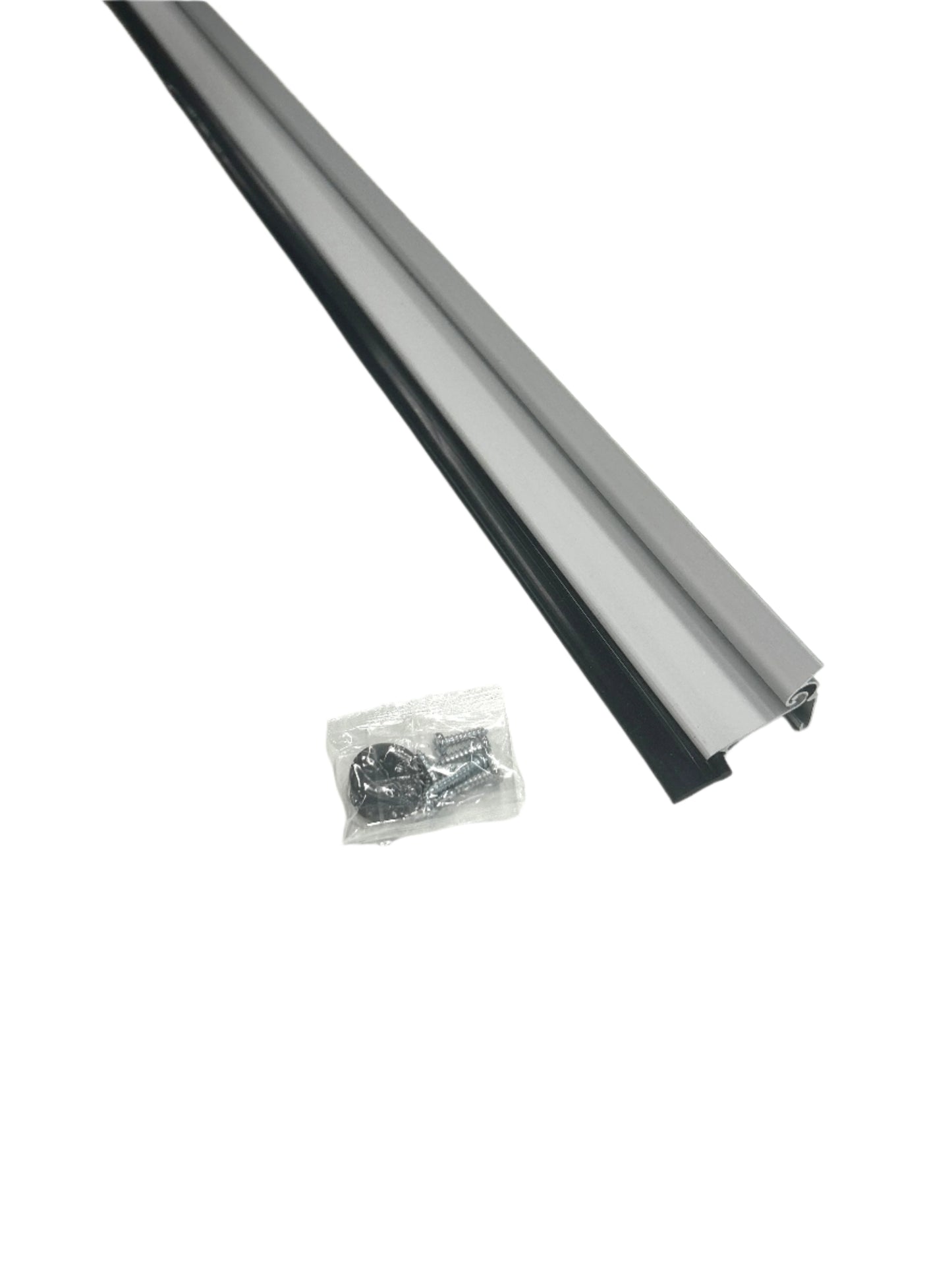 An automatic door seal kit consisting of a long aluminum strip with a silicone seal and accompanying installation hardware, displayed on a white background.