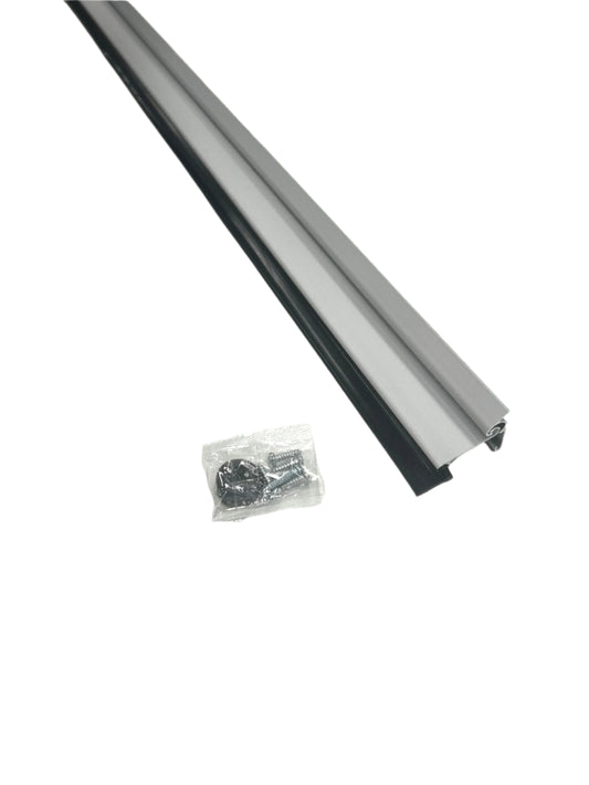 An automatic door seal kit consisting of a long aluminum strip with a silicone seal and accompanying installation hardware, displayed on a white background.