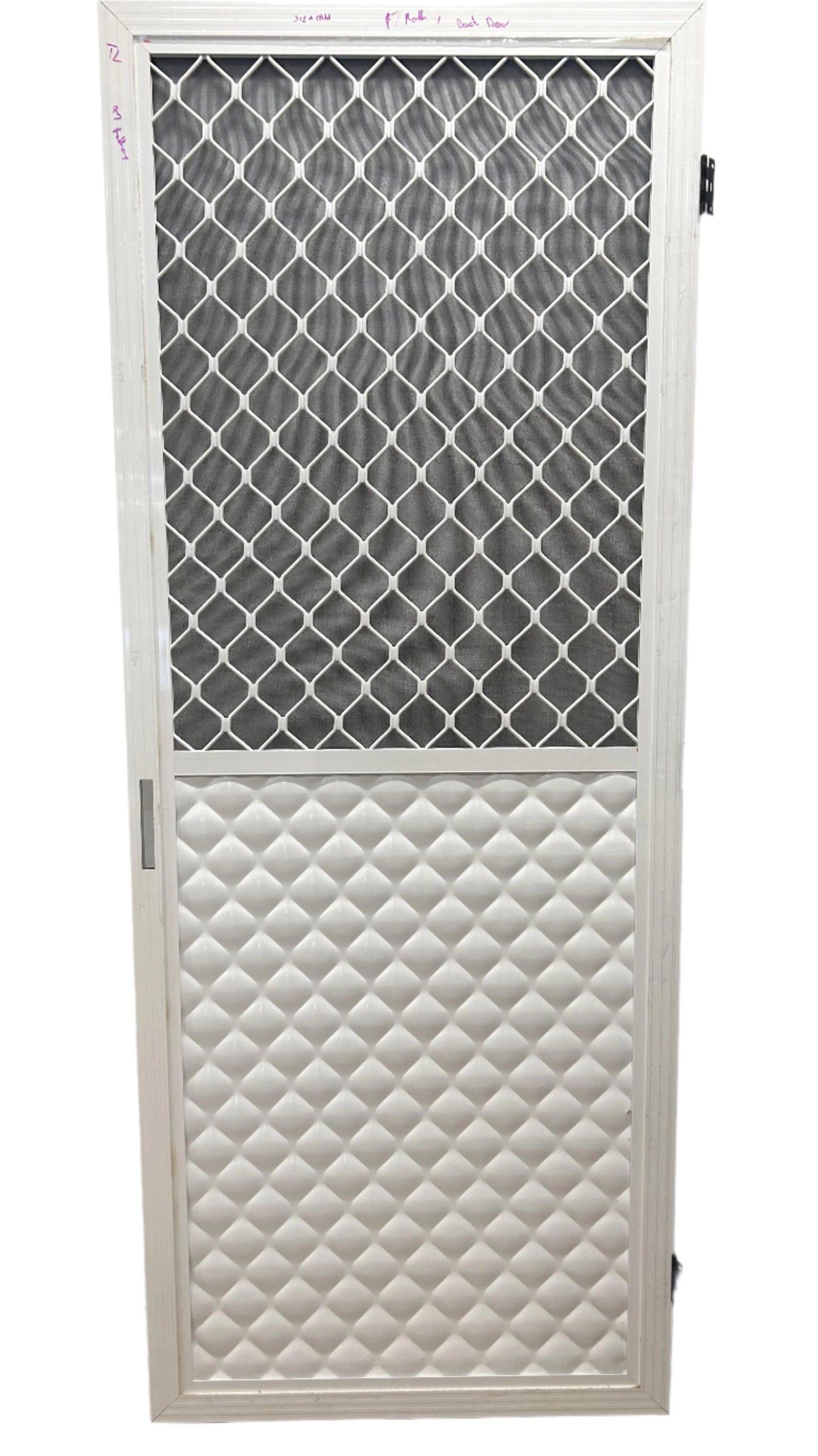 A white Back Flyscreen Door with a geometric pattern on the solid panel and a fibreglass mesh on the diamond panel.