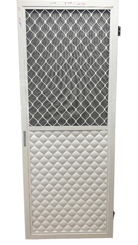 A white Back Flyscreen Door with a geometric pattern on the solid panel and a fibreglass mesh on the diamond panel.
