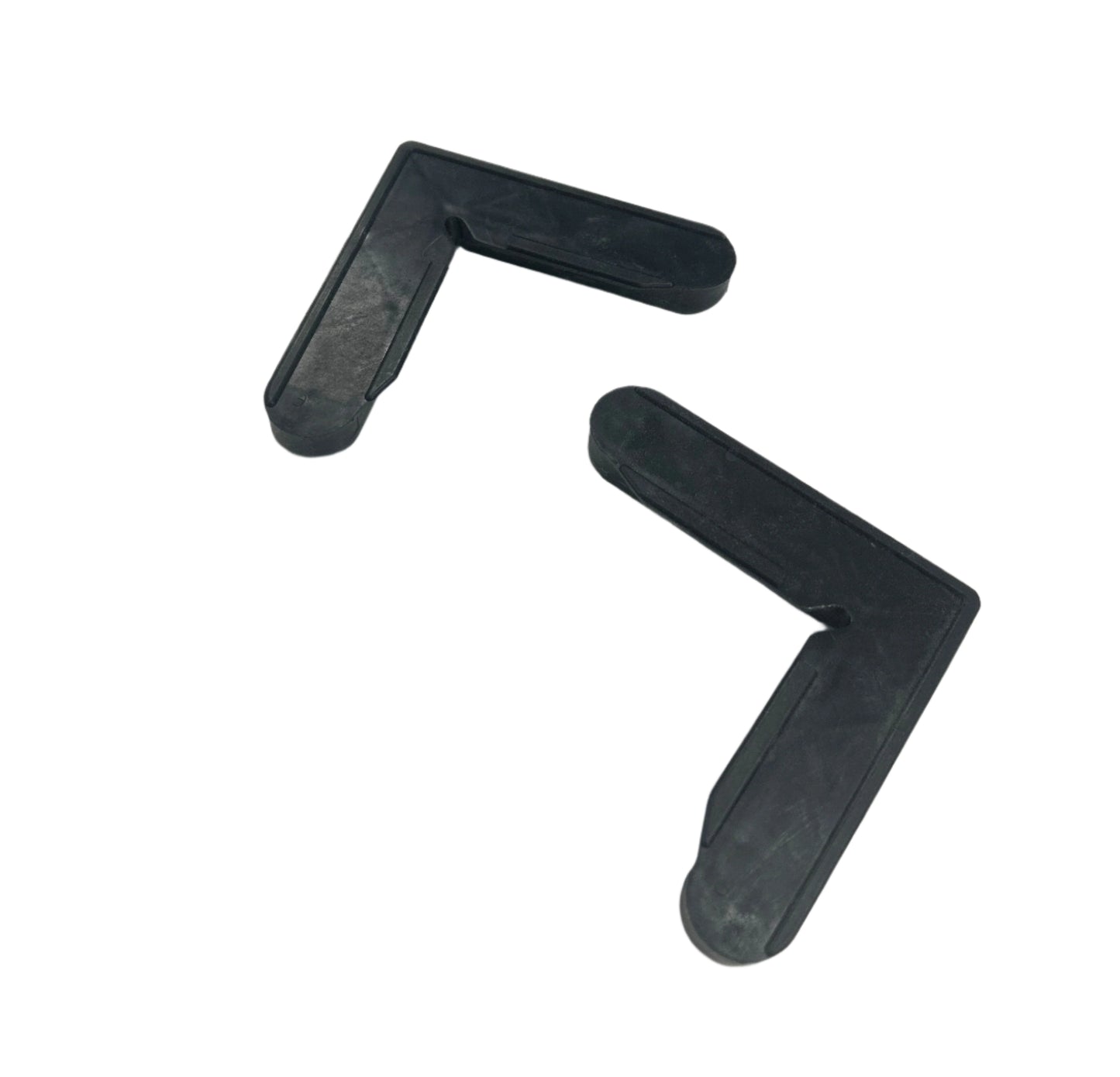 Two black plastic corner stakes designed for connecting and reinforcing flyscreen window frames.