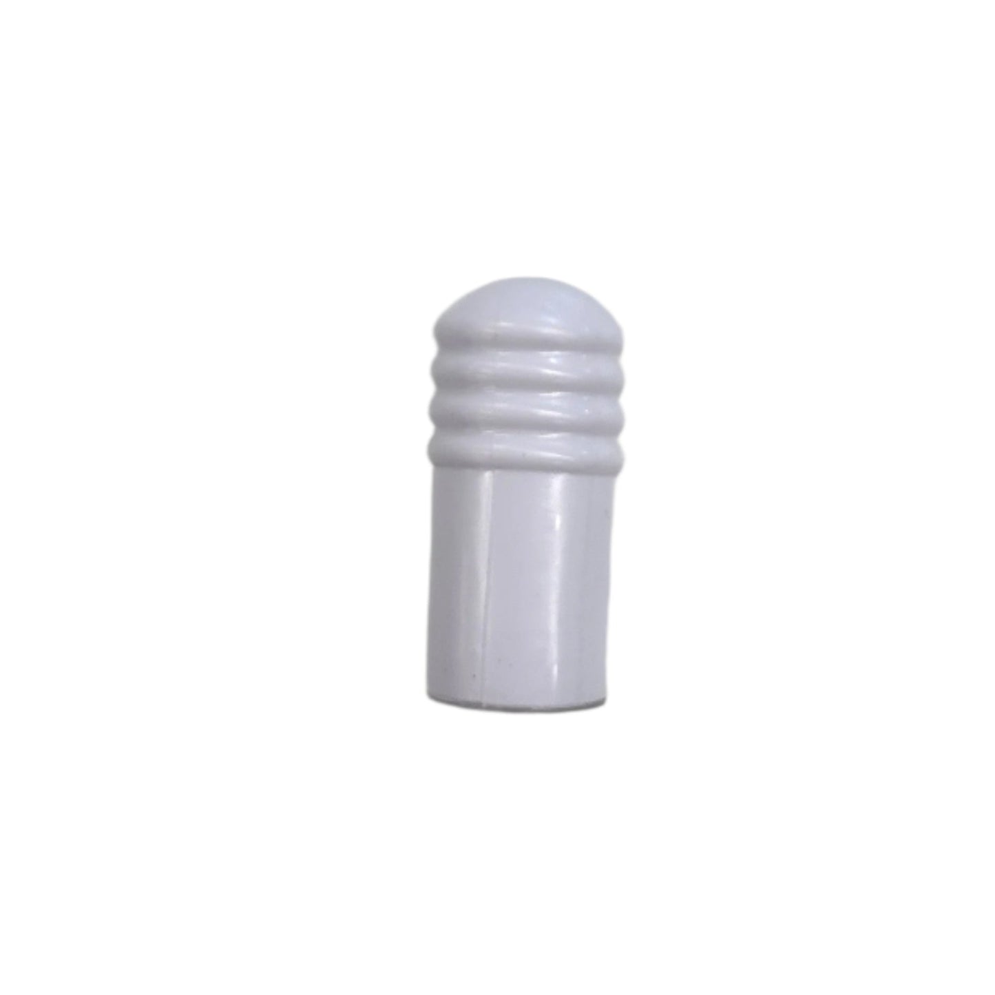 A white plastic door stop with a minimalist design, placed on a light-colored floor.