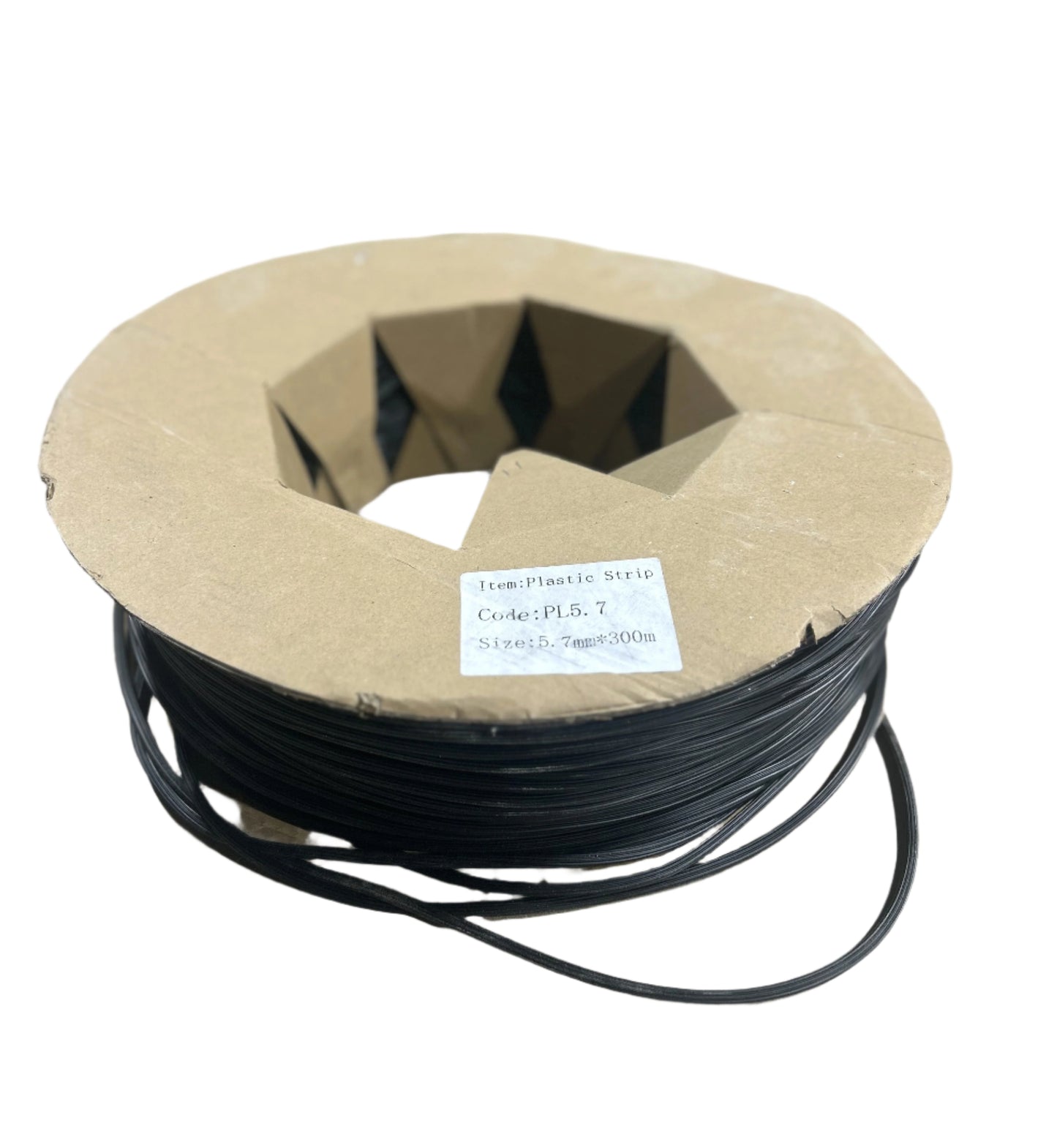 A roll of black PVC spline on a cardboard spool, designed for use in screen doors and windows.