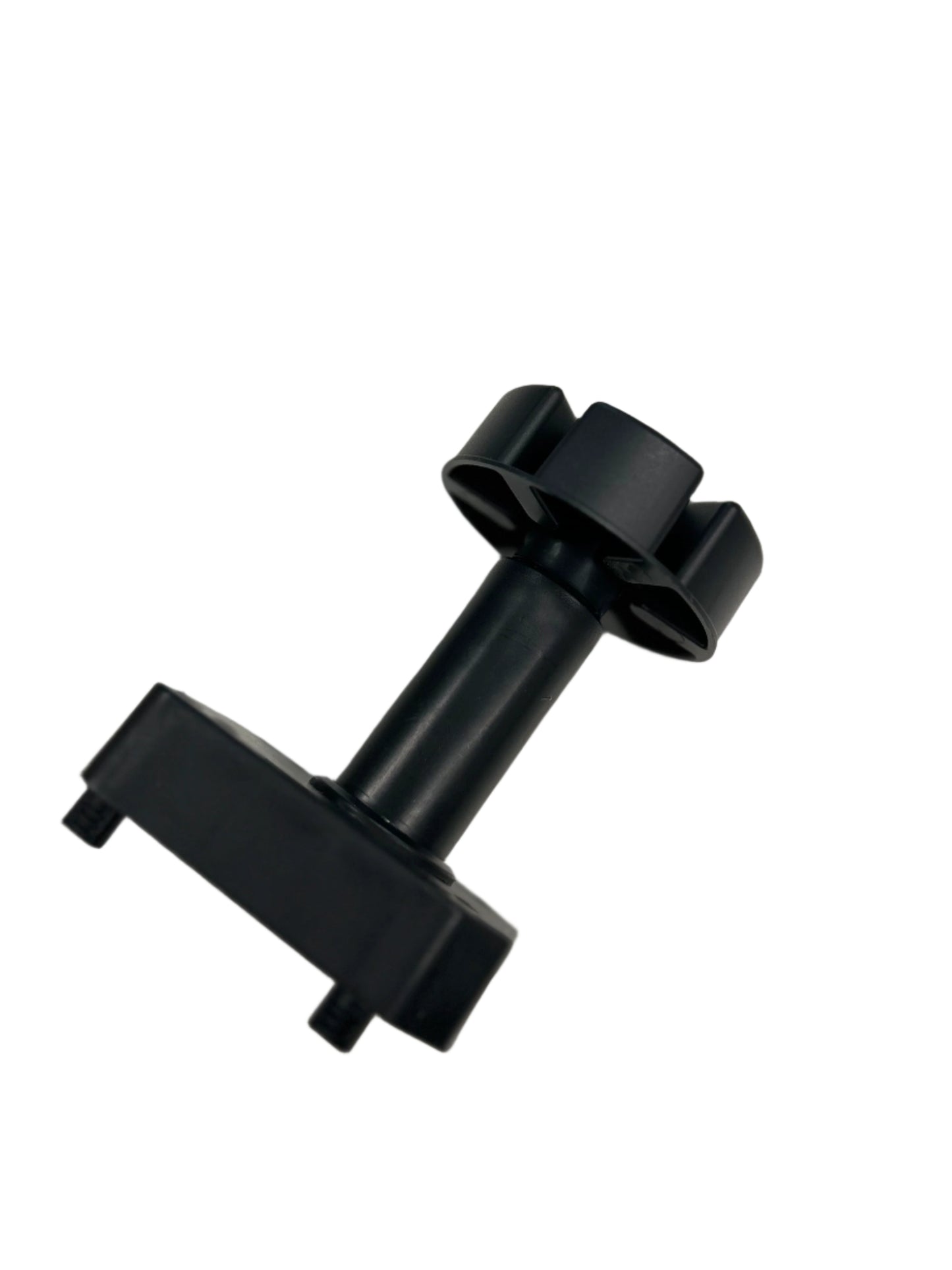 A black adjustable metal leg for kitchens, showing a adjustable foot and a connection bracket.