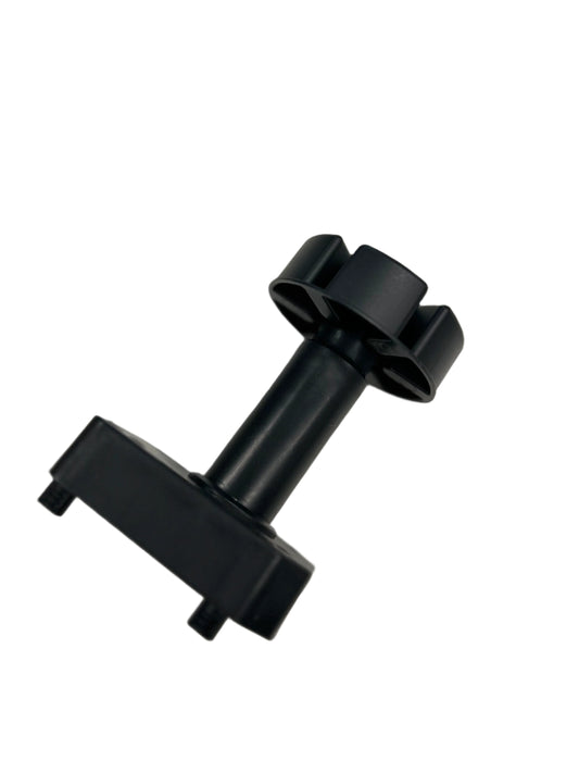 A black adjustable metal leg for kitchens, showing a adjustable foot and a connection bracket.