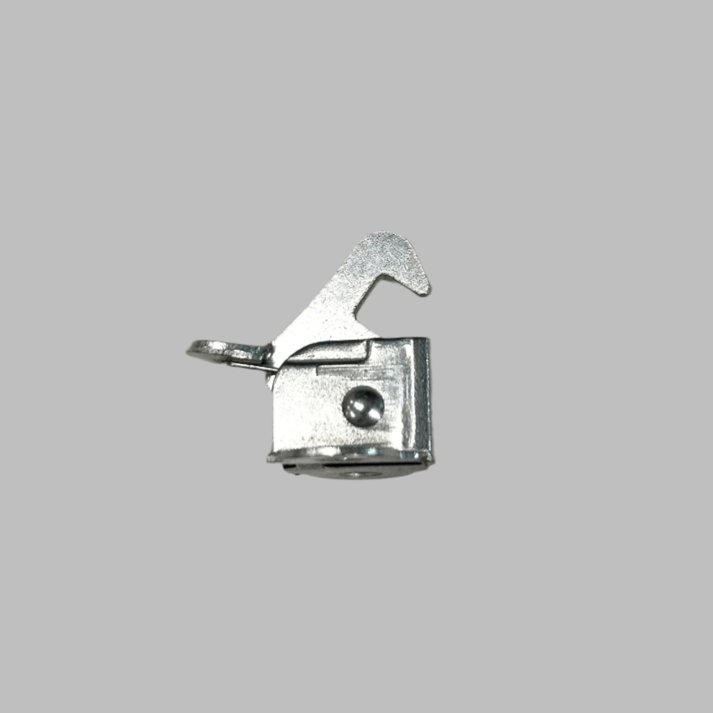 A silver metal bird-shaped buckle lock on a white surface.