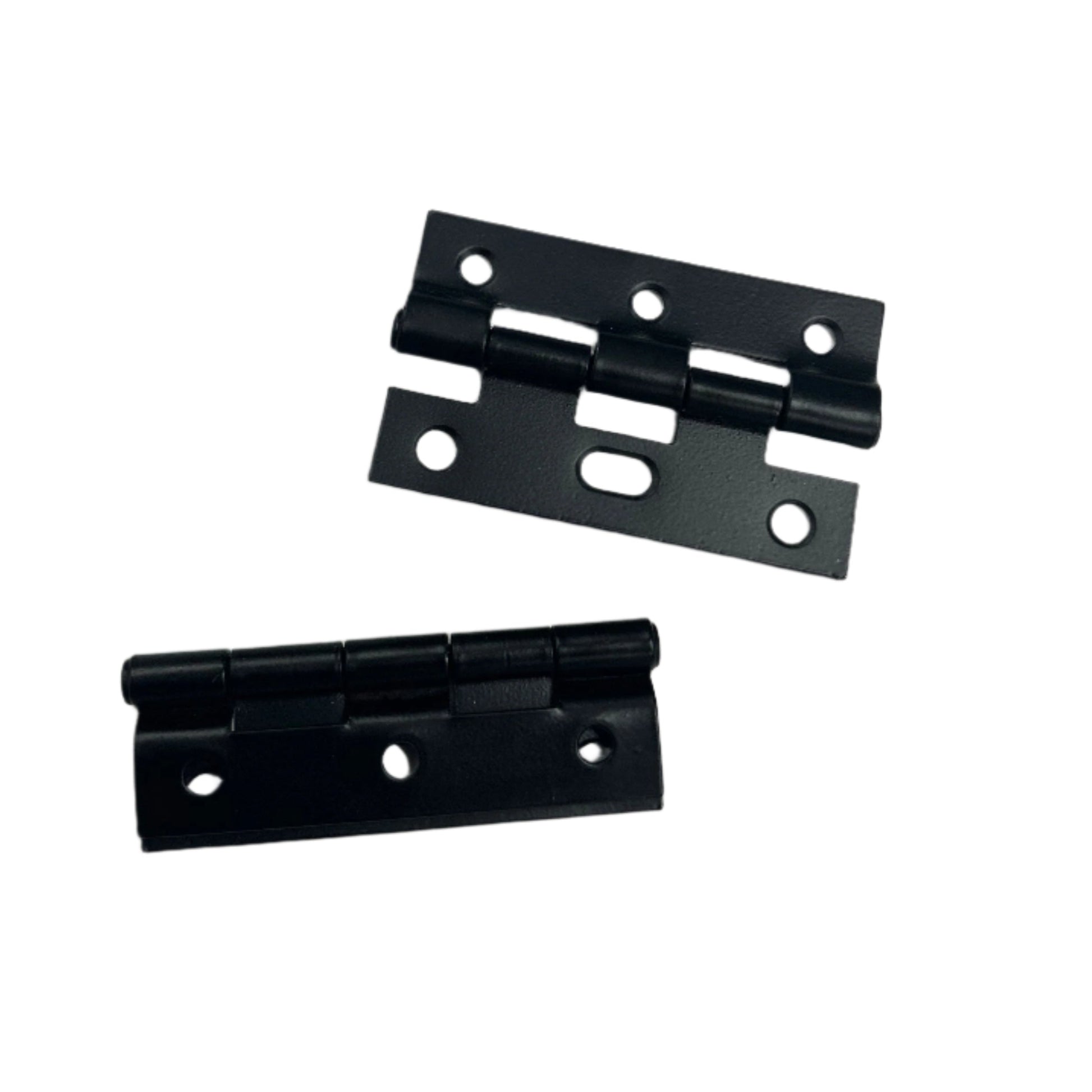 Two black metal hinges on a white background